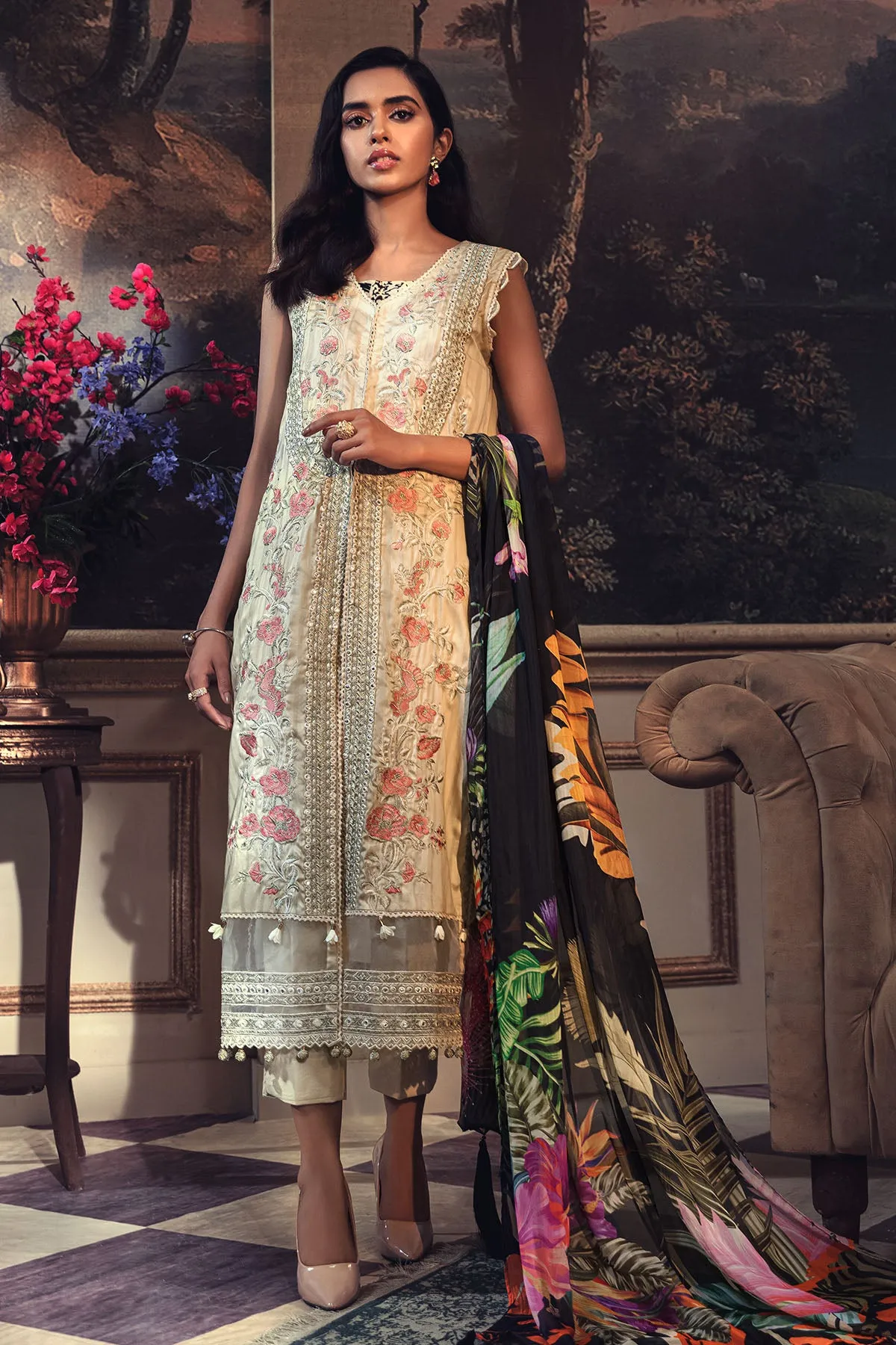 2673-BONE EMBROIDERED COTTON SATIN UNSTITCHED