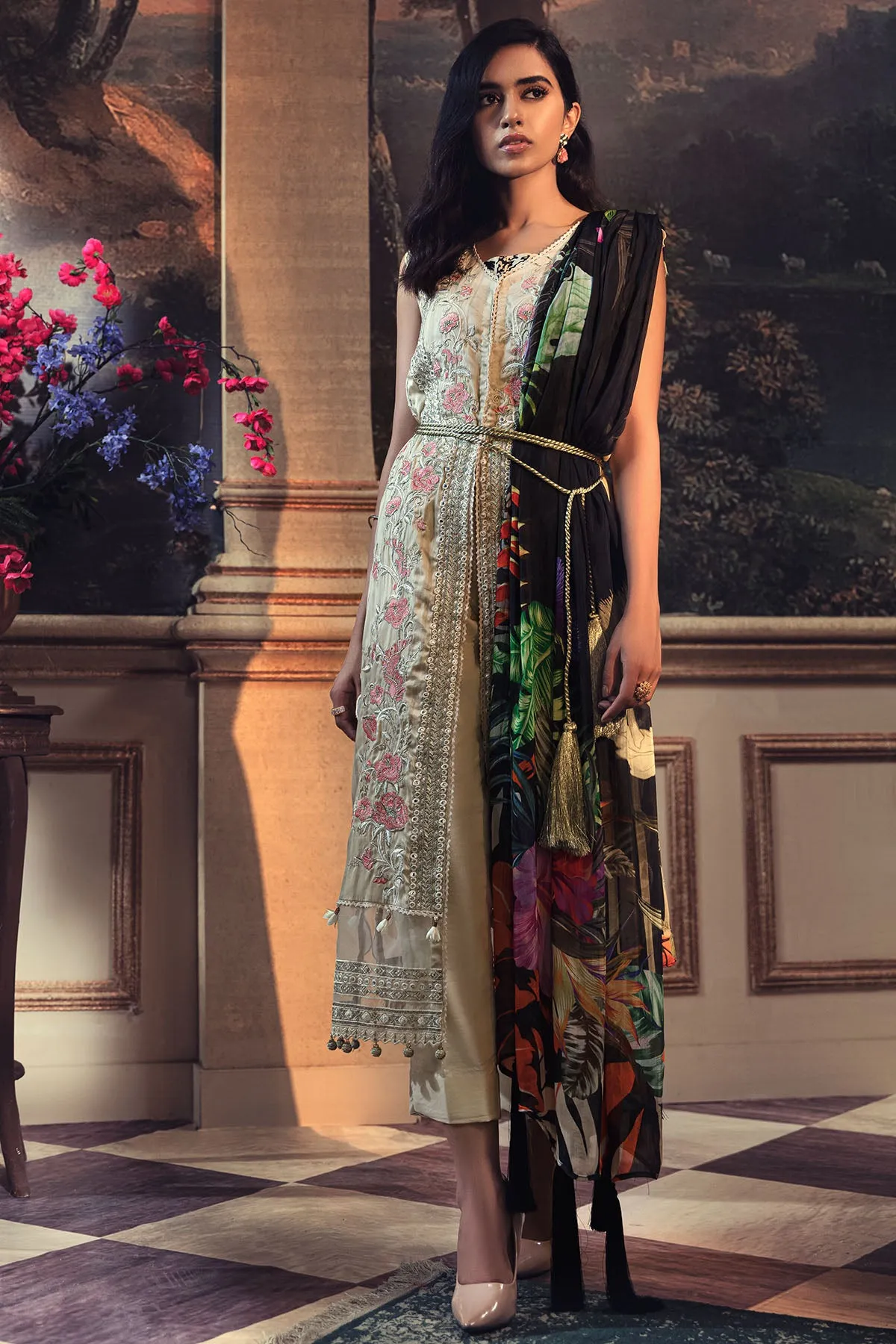 2673-BONE EMBROIDERED COTTON SATIN UNSTITCHED