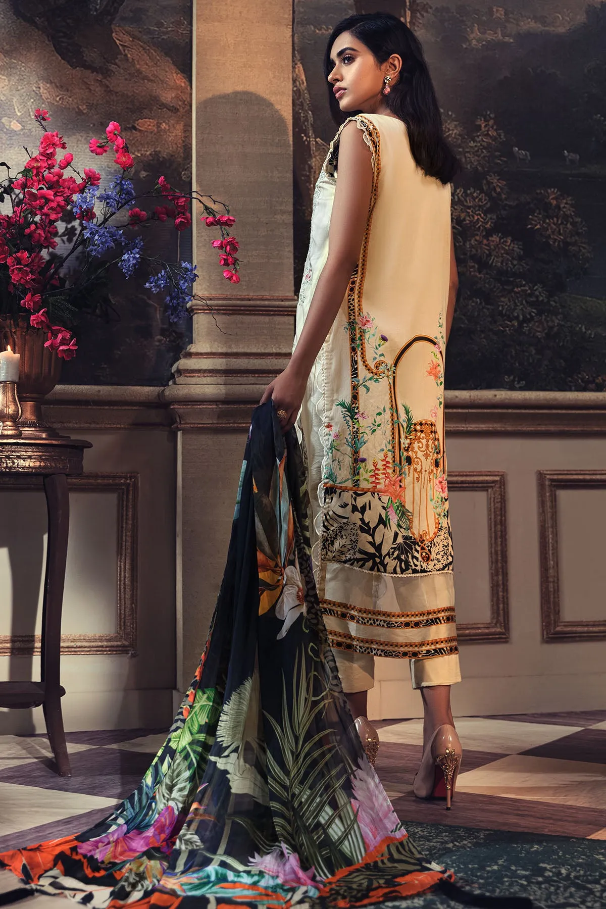 2673-BONE EMBROIDERED COTTON SATIN UNSTITCHED