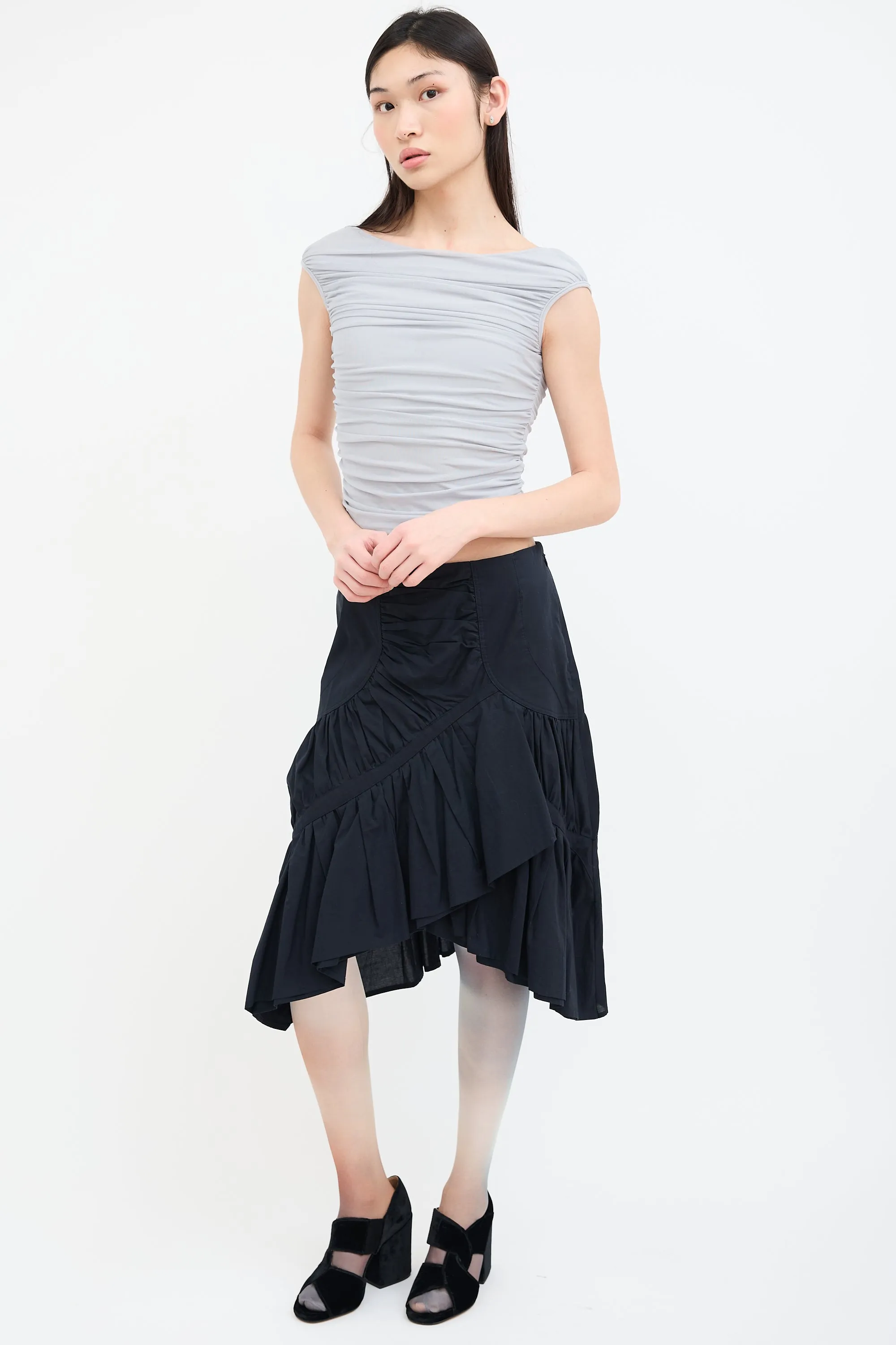 Black Asymmetrical Ruched Midi Skirt