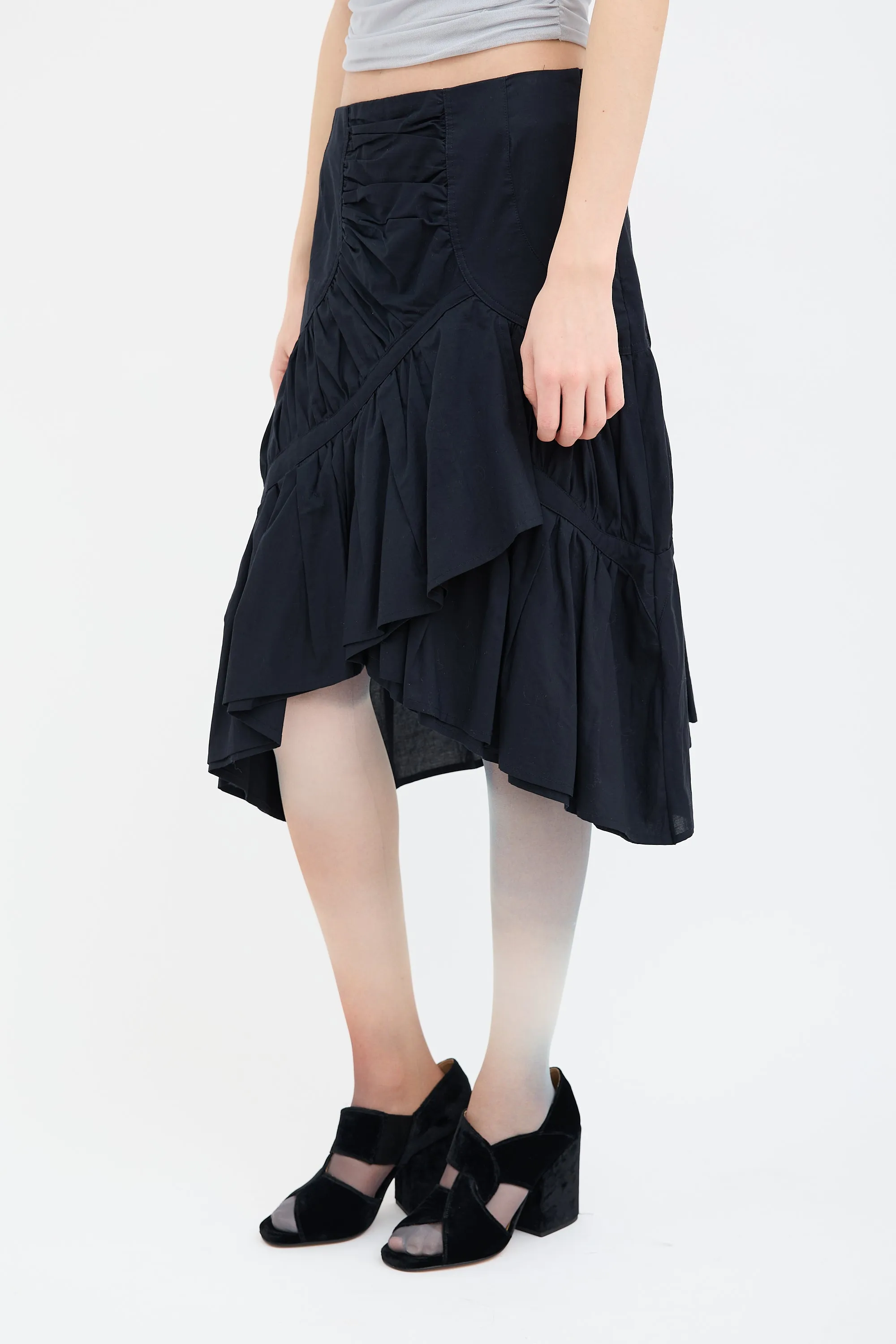 Black Asymmetrical Ruched Midi Skirt