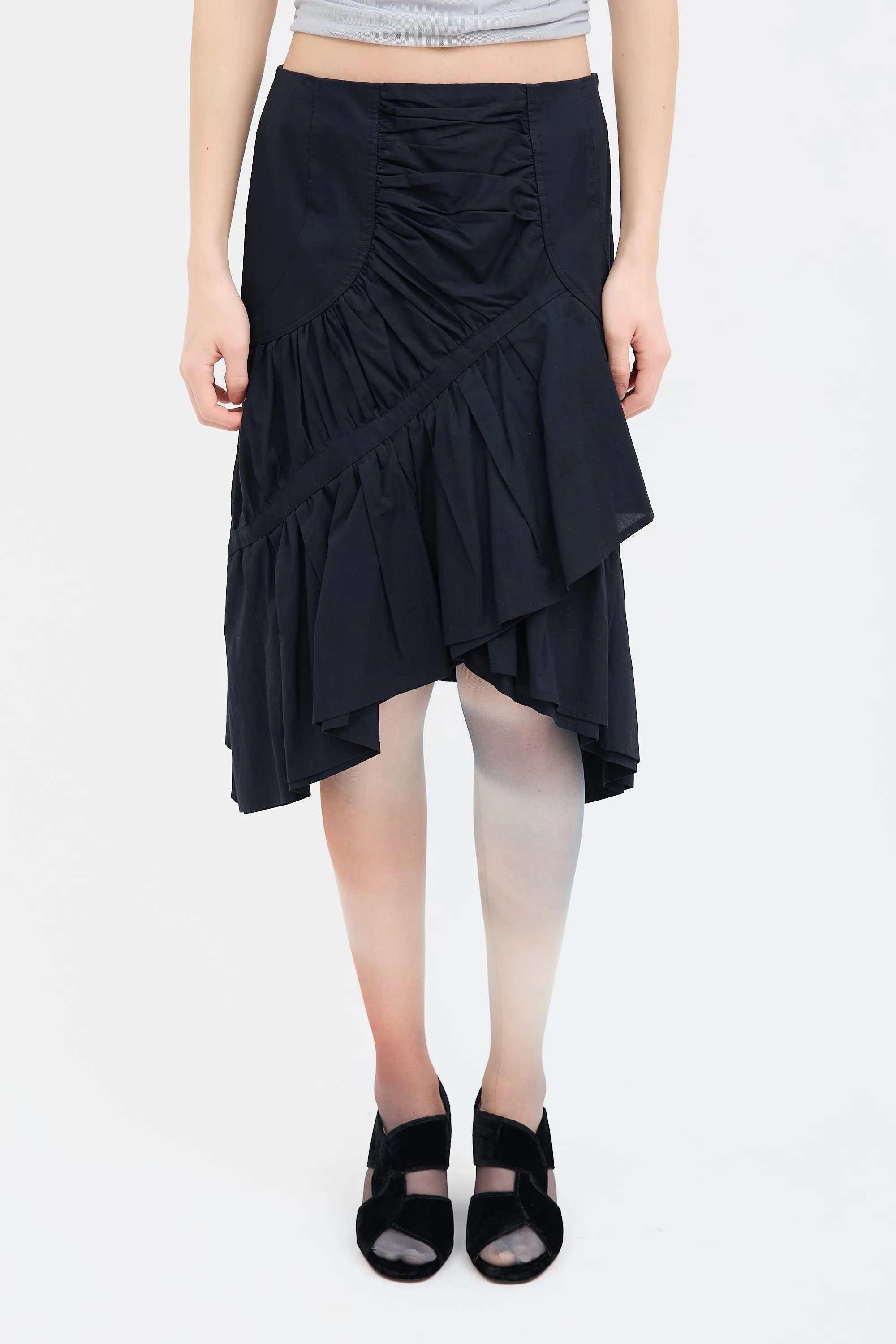 Black Asymmetrical Ruched Midi Skirt
