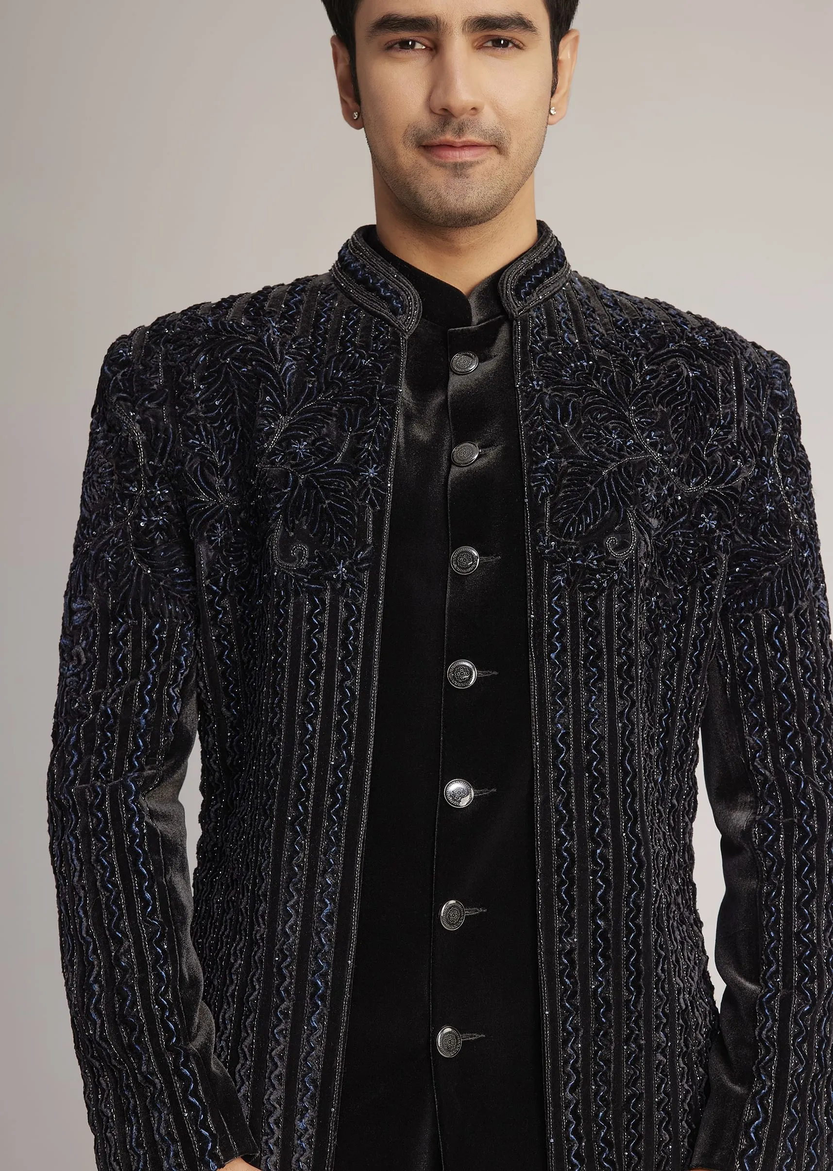 Black Velvet Indowestern Set With Cut Dana Embellishment