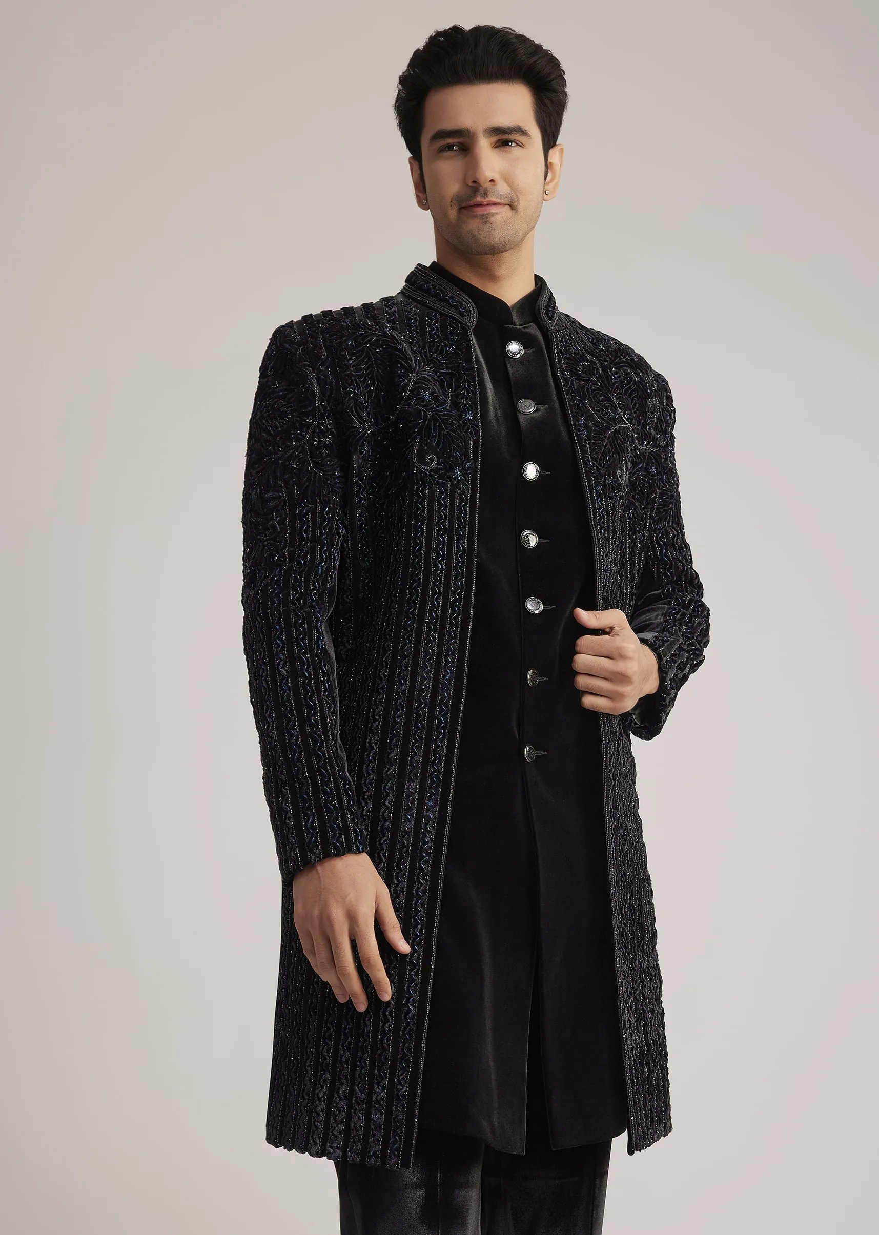 Black Velvet Indowestern Set With Cut Dana Embellishment