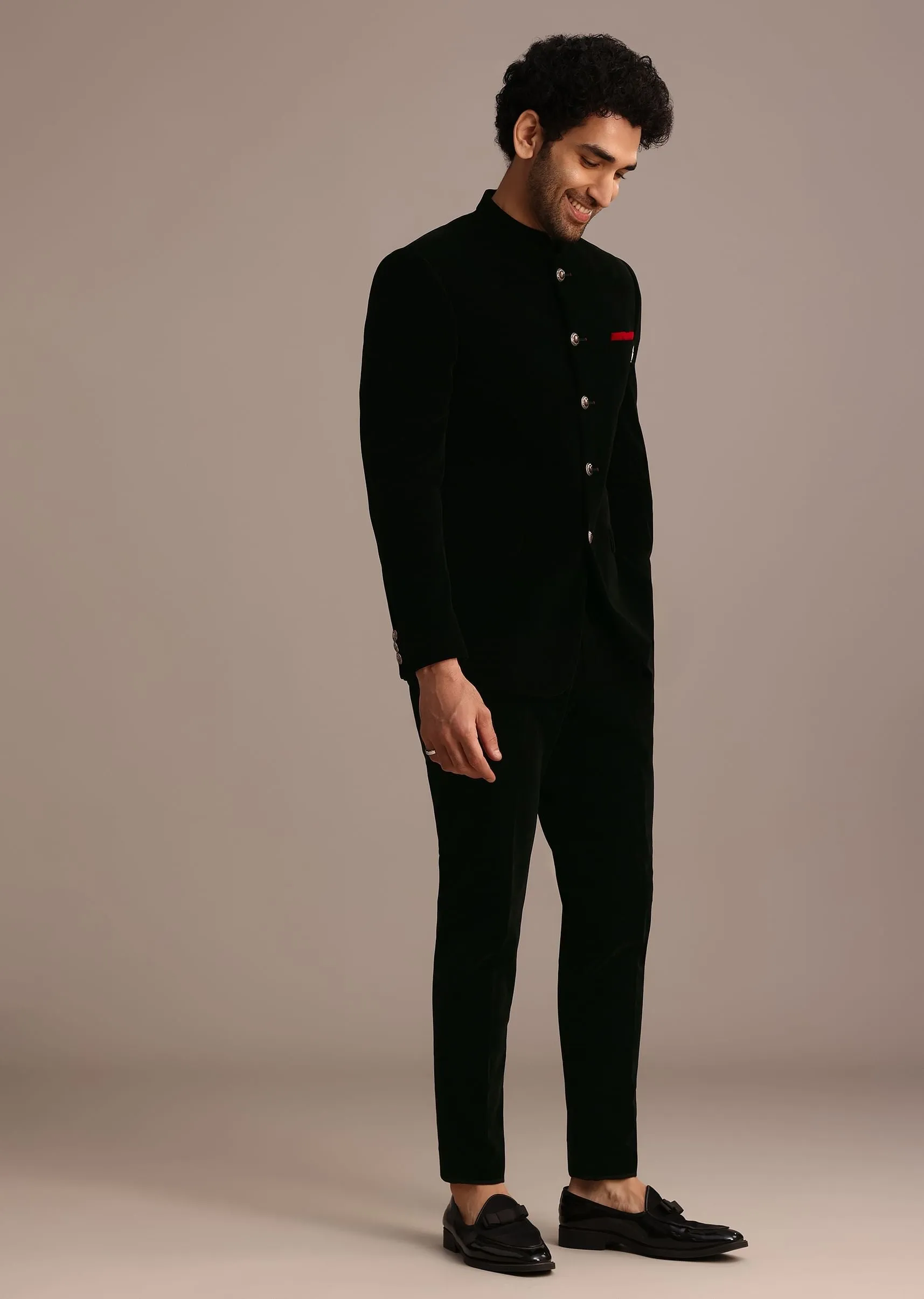 Black Velvet Jodhpuri Set with Pocket Square