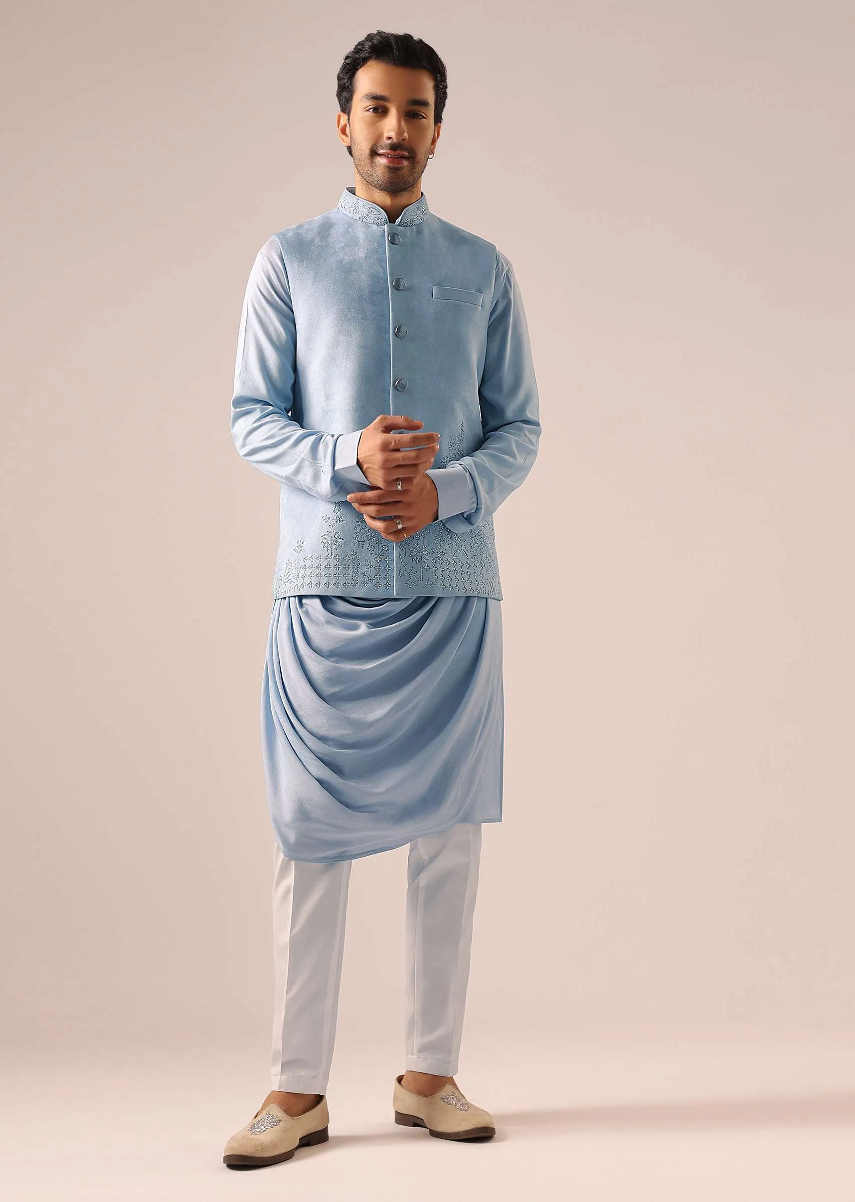 Blue Asymmetric Cowl Kurta Set with Cutwork Detail