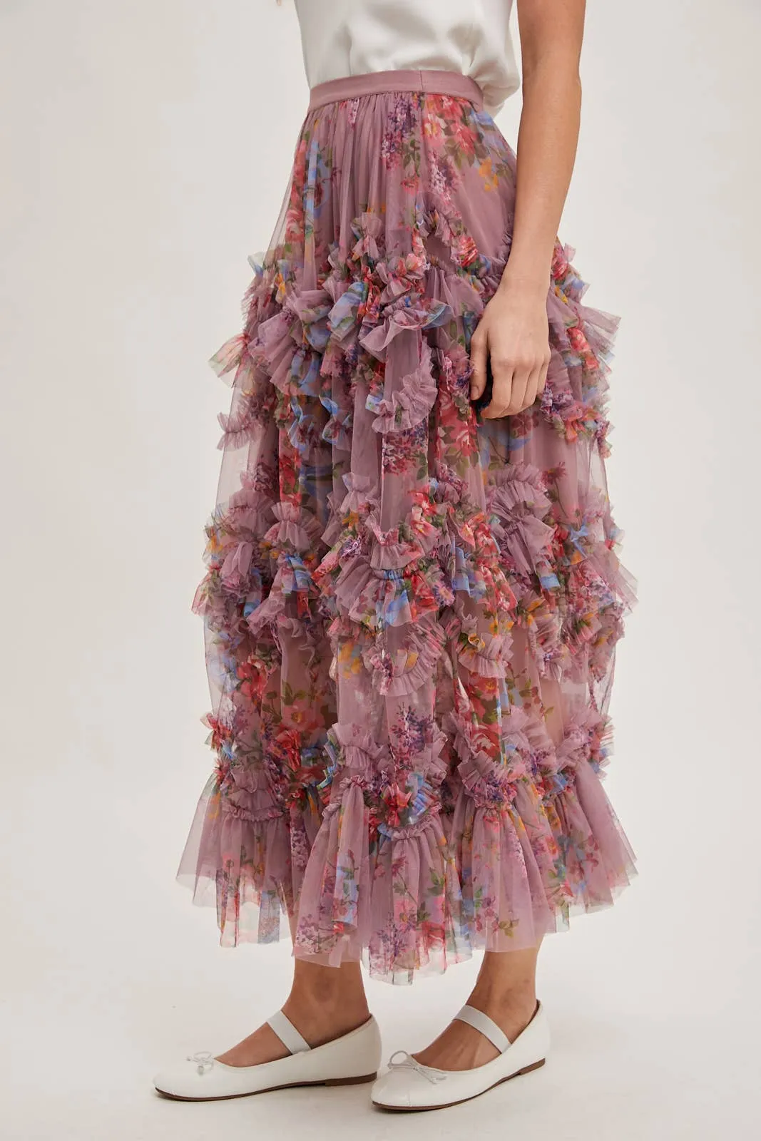 Fionna Floral Midi Ruffle Skirt