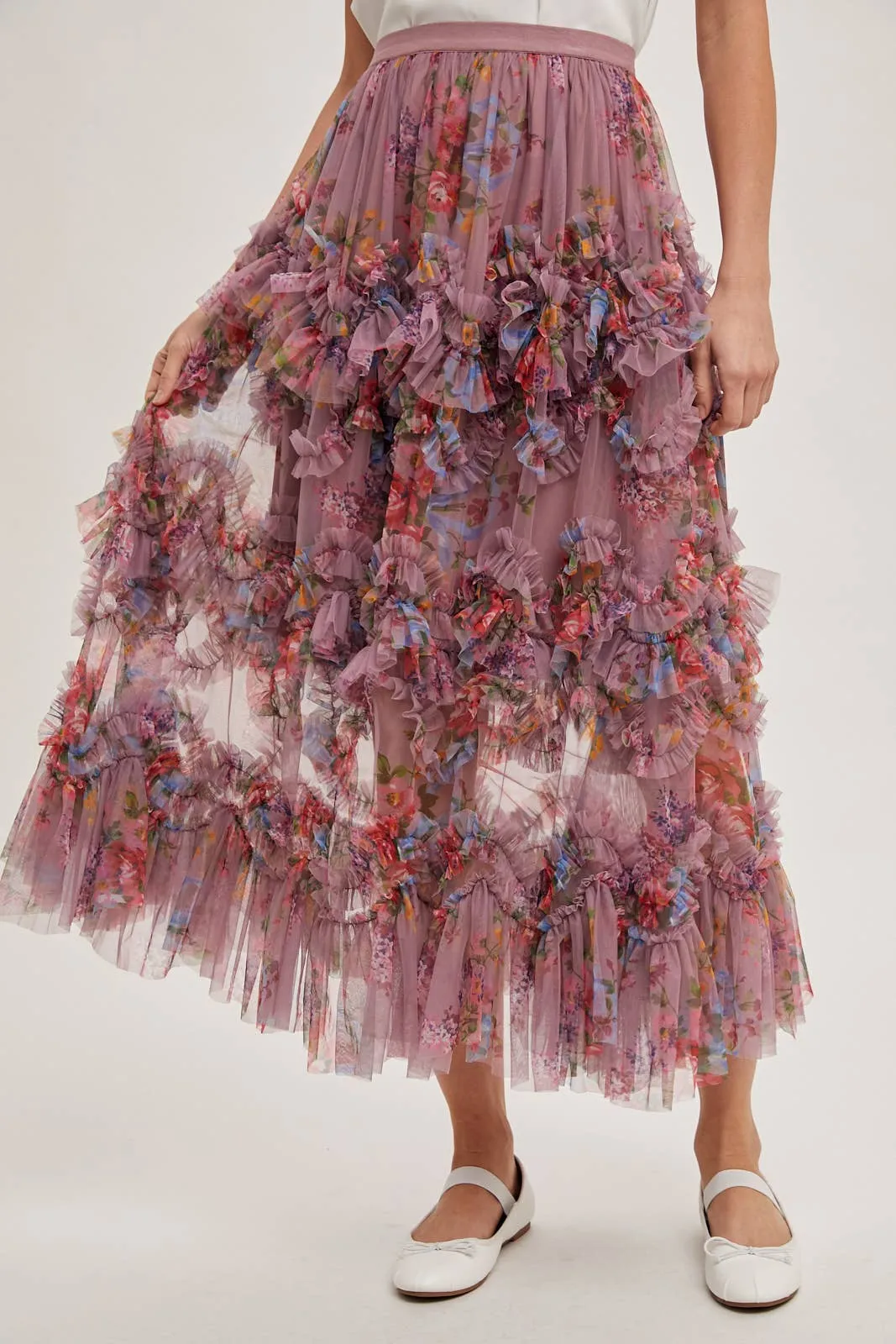 Fionna Floral Midi Ruffle Skirt