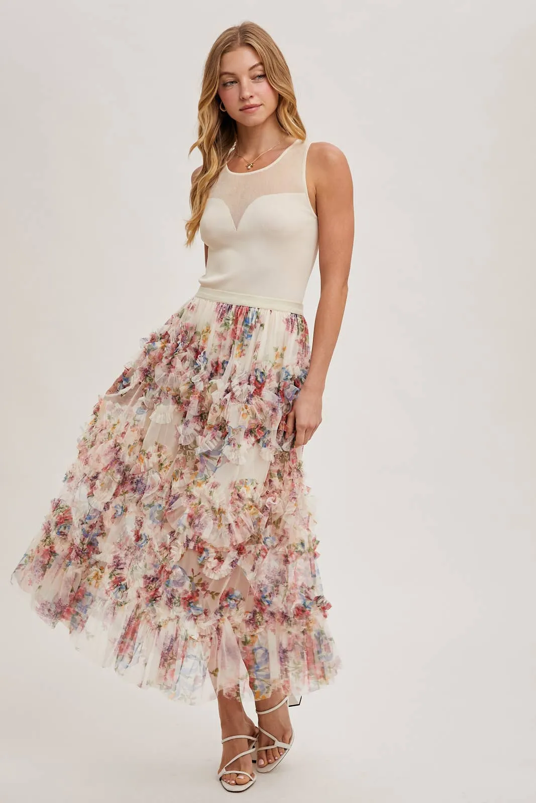 Fionna Floral Midi Ruffle Skirt