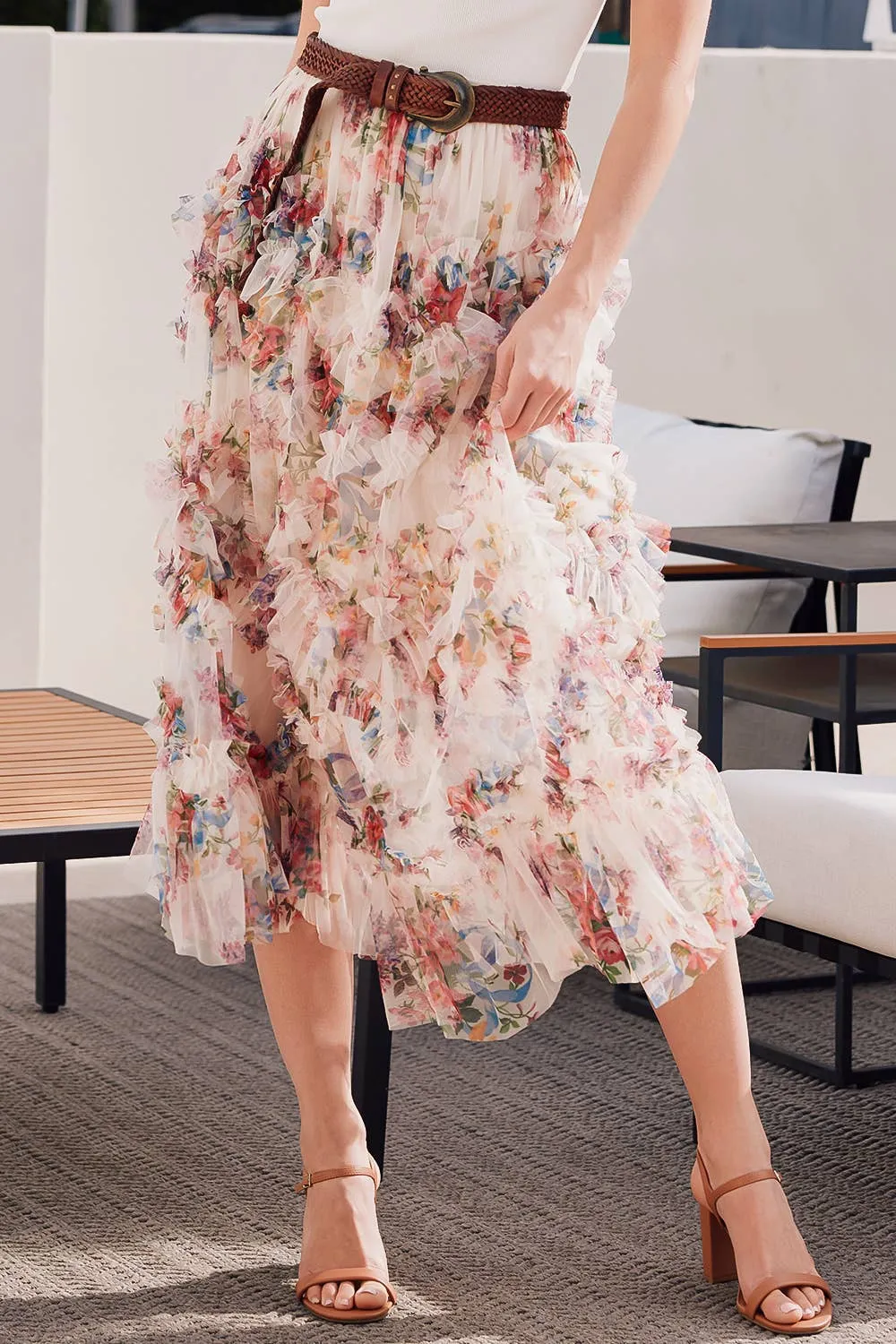 Fionna Floral Midi Ruffle Skirt