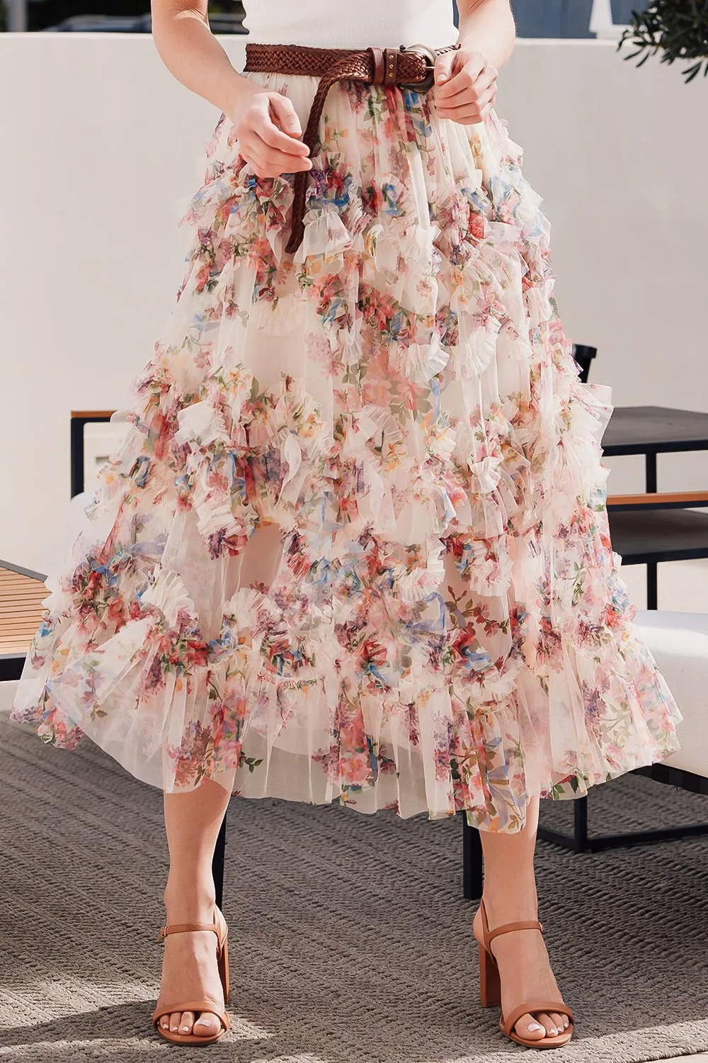 Fionna Floral Midi Ruffle Skirt
