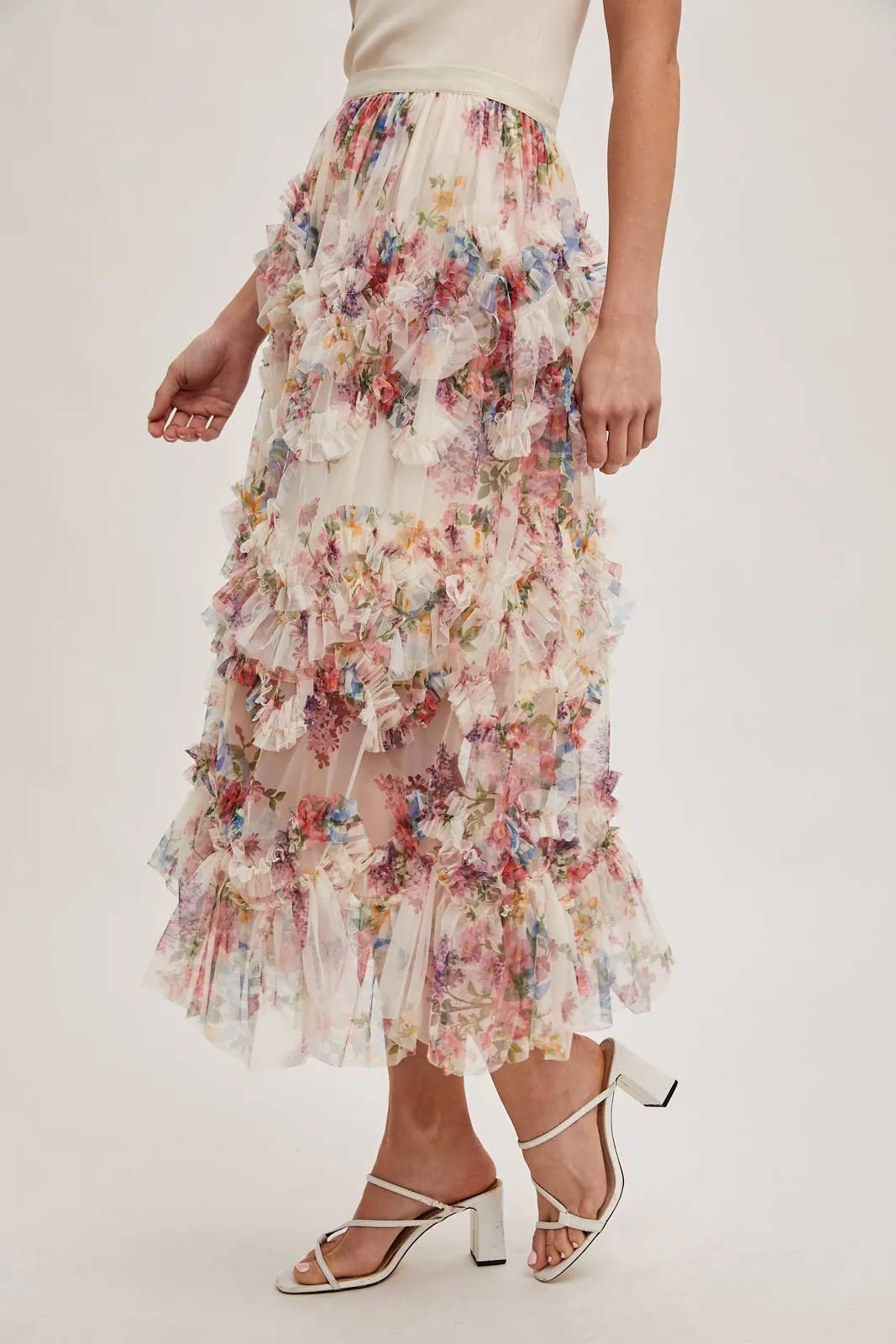 Fionna Floral Midi Ruffle Skirt