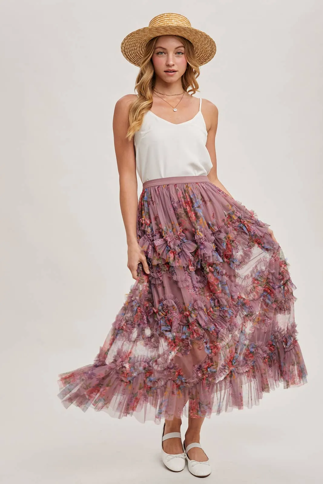 Fionna Floral Midi Ruffle Skirt