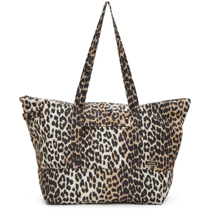 GANNI Brown Leopard Recycled Tech Fabric Tote
