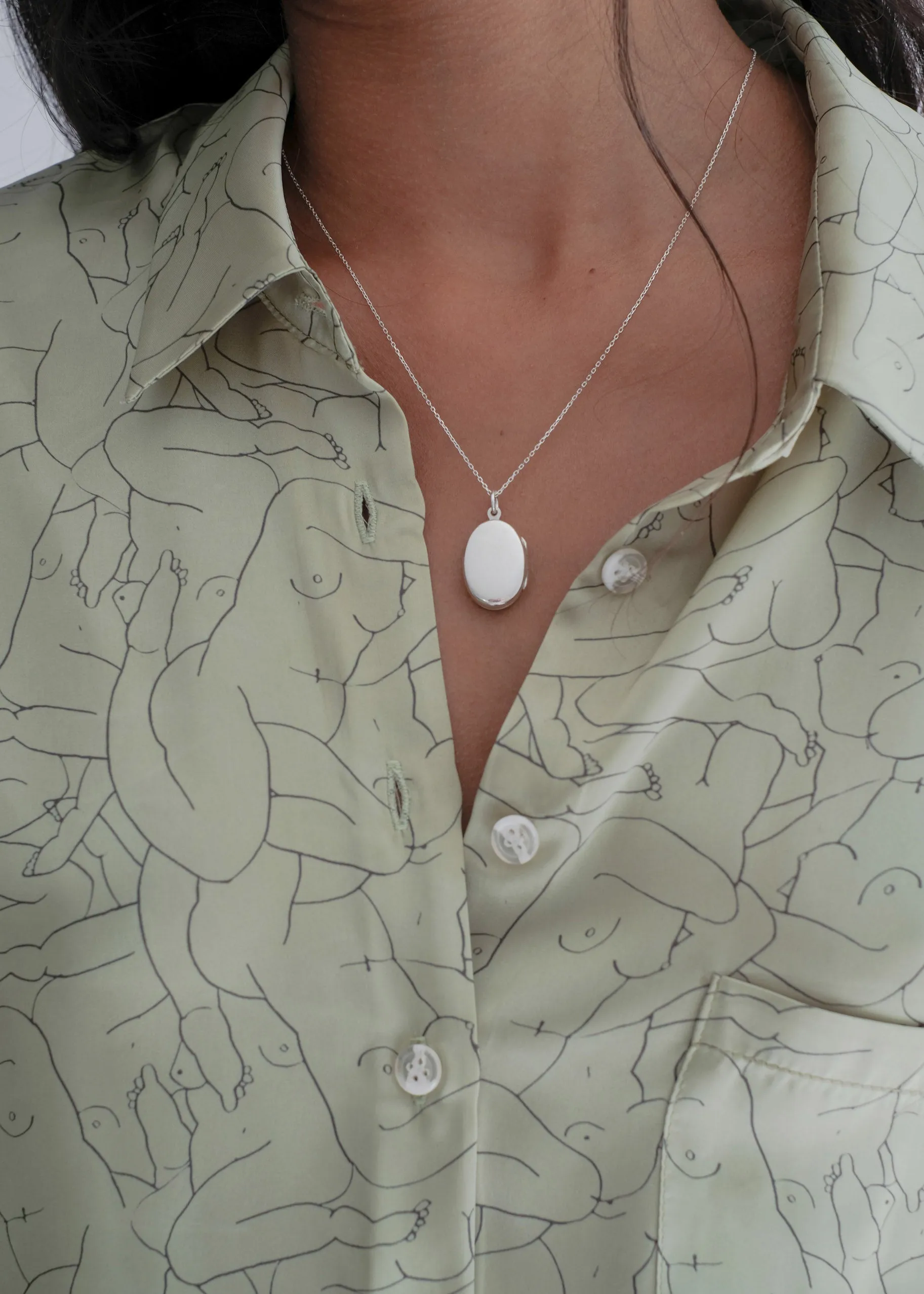 Monday Marwa Sage: Illustrated Vegan Silk Boxy Blouse