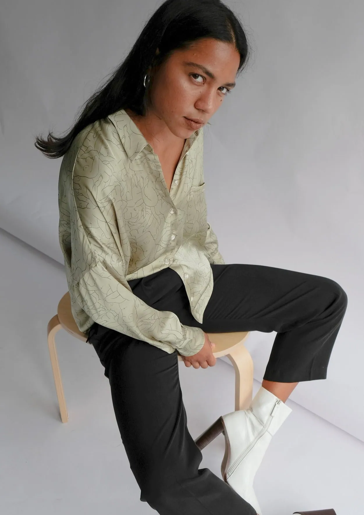 Monday Marwa Sage: Illustrated Vegan Silk Boxy Blouse