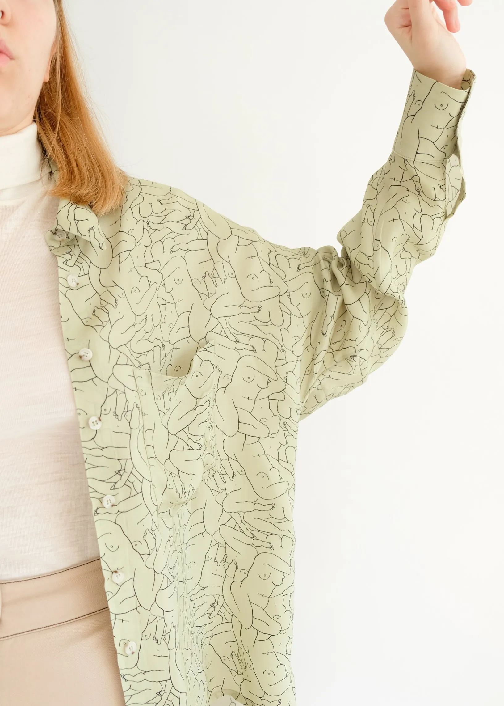 Monday Marwa Sage: Illustrated Vegan Silk Boxy Blouse