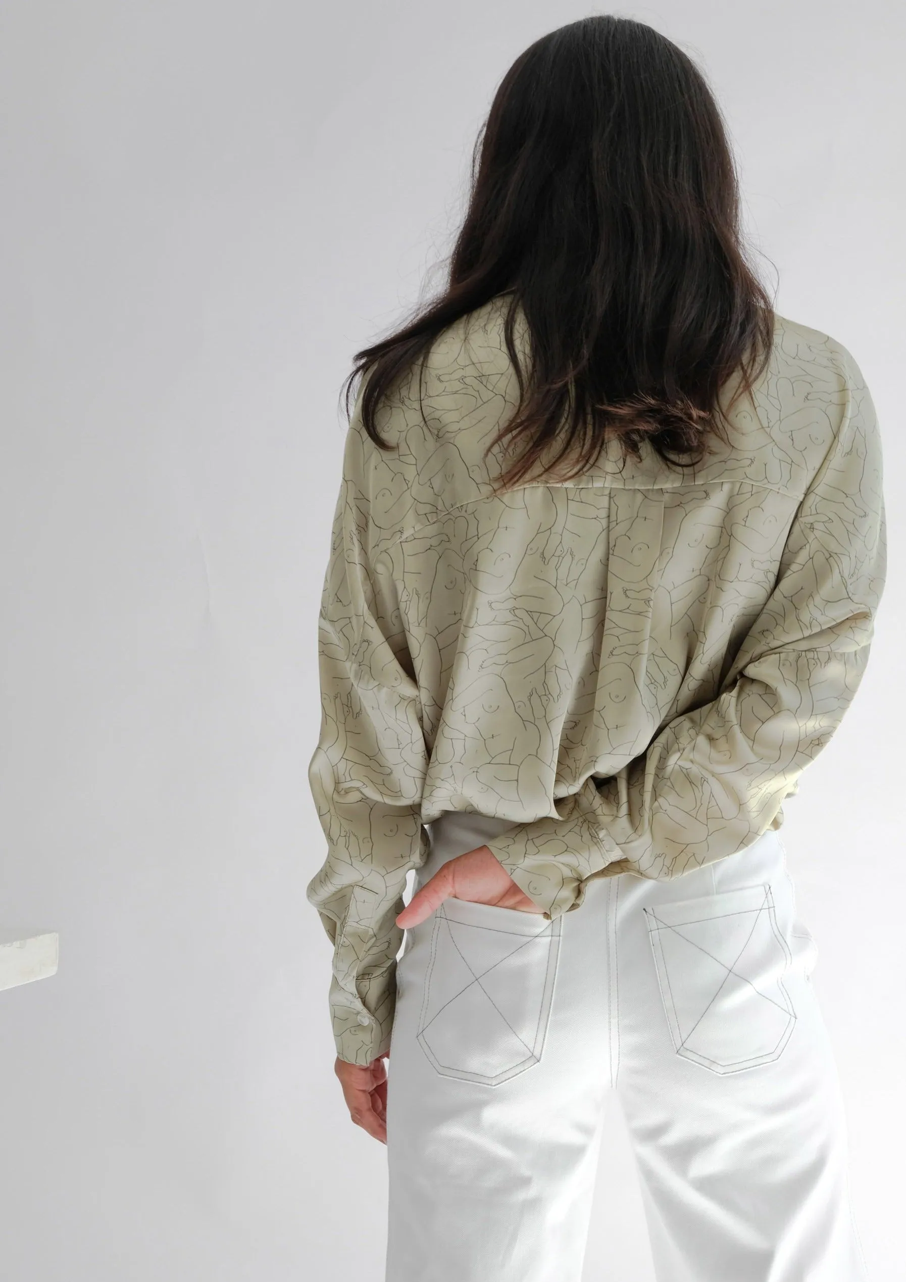 Monday Marwa Sage: Illustrated Vegan Silk Boxy Blouse