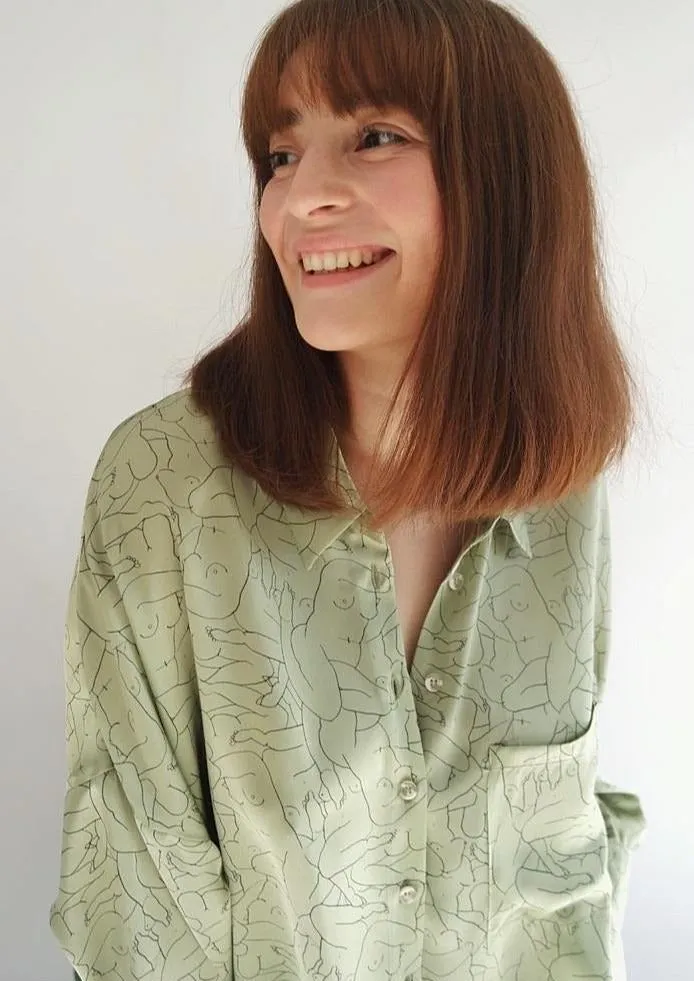 Monday Marwa Sage: Illustrated Vegan Silk Boxy Blouse