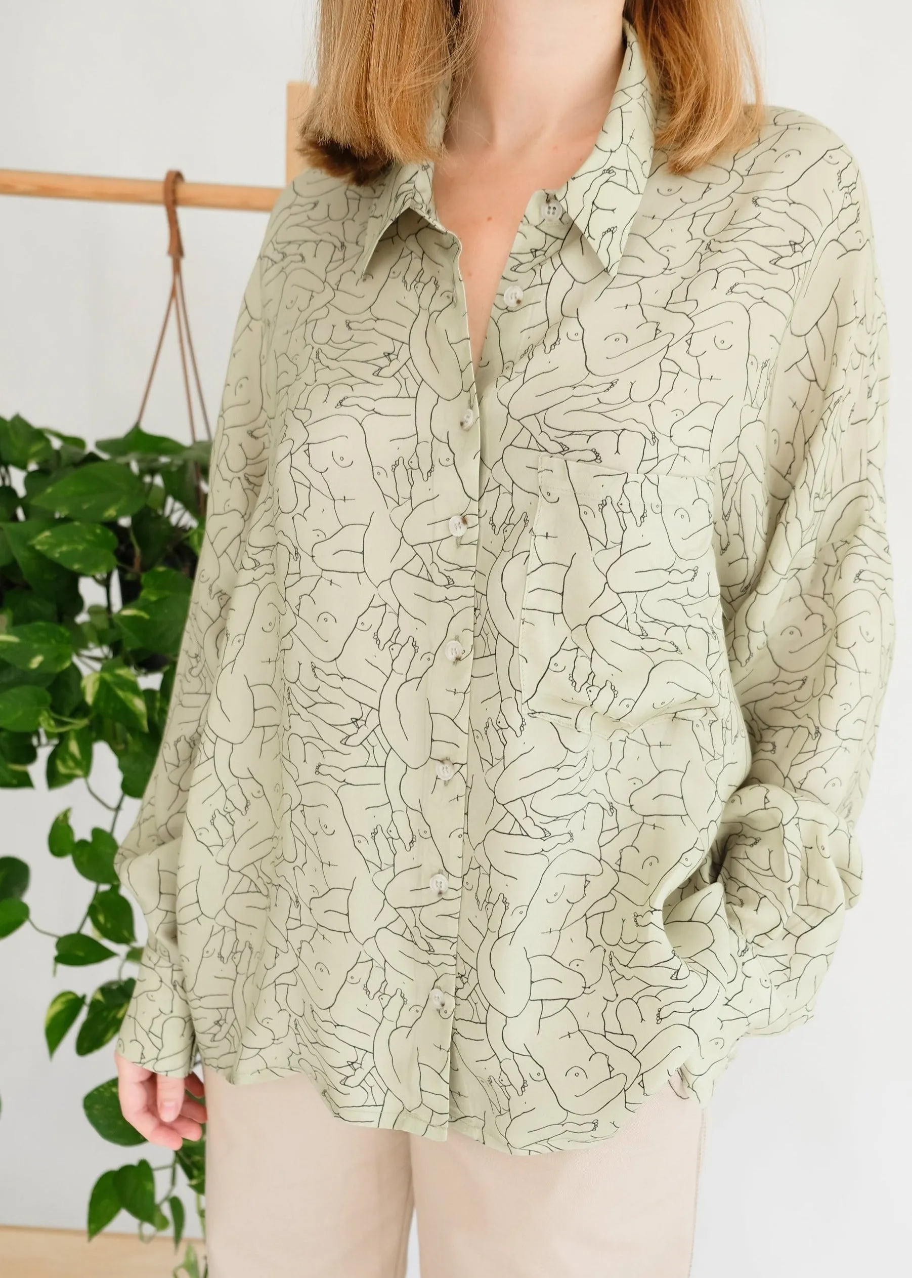 Monday Marwa Sage: Illustrated Vegan Silk Boxy Blouse