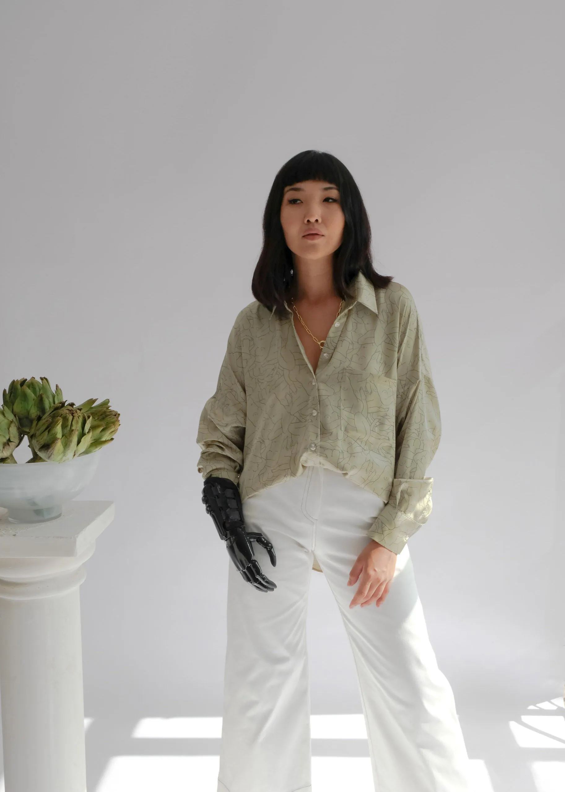 Monday Marwa Sage: Illustrated Vegan Silk Boxy Blouse