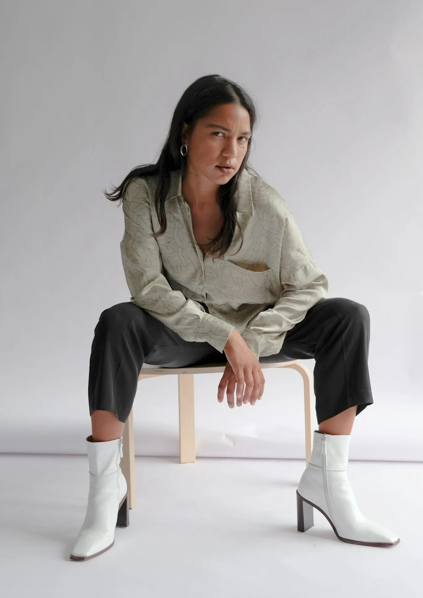 Monday Marwa Sage: Illustrated Vegan Silk Boxy Blouse