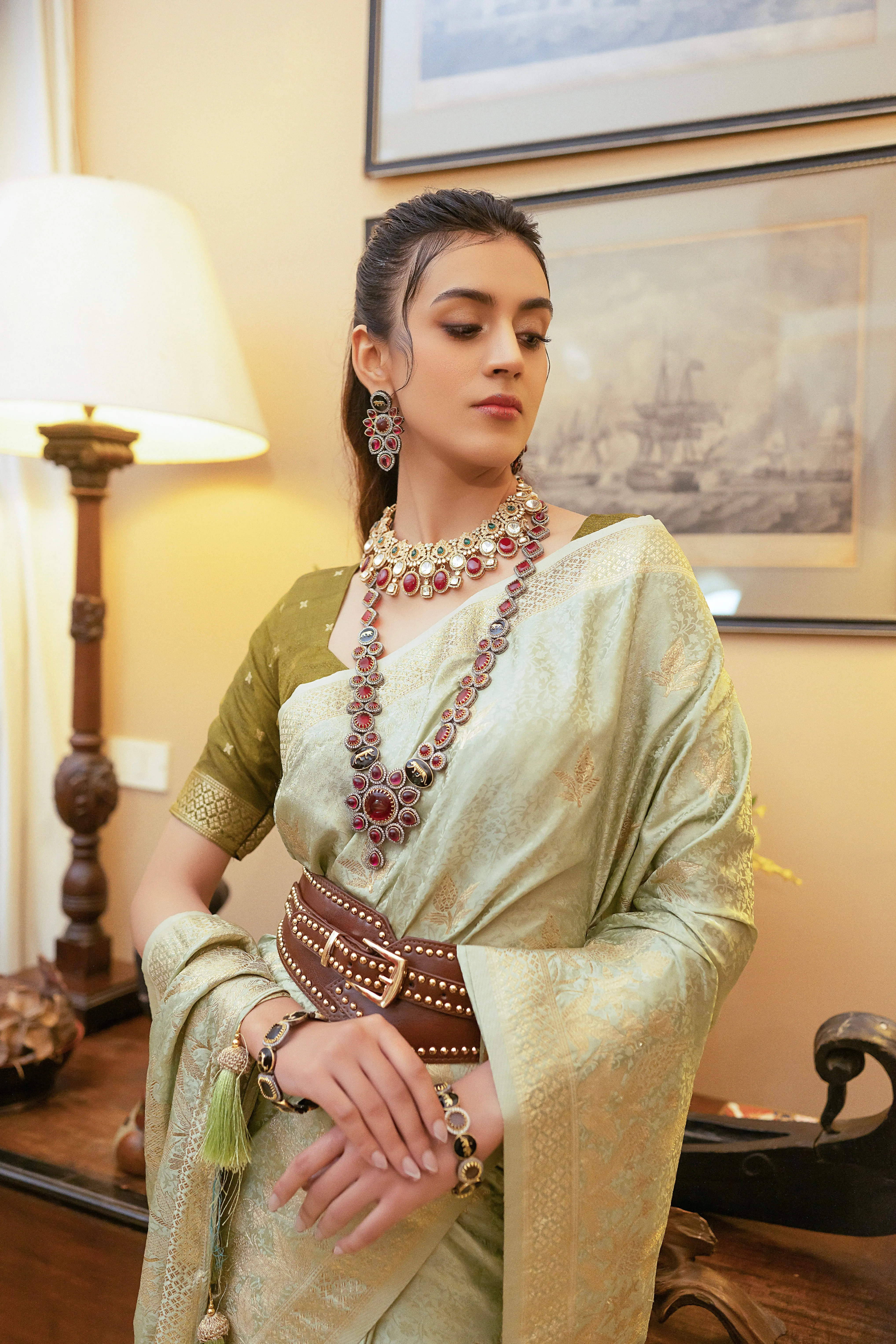 Sage Green Satin Silk Saree with Zari Weaving and Satin Silk Blouse