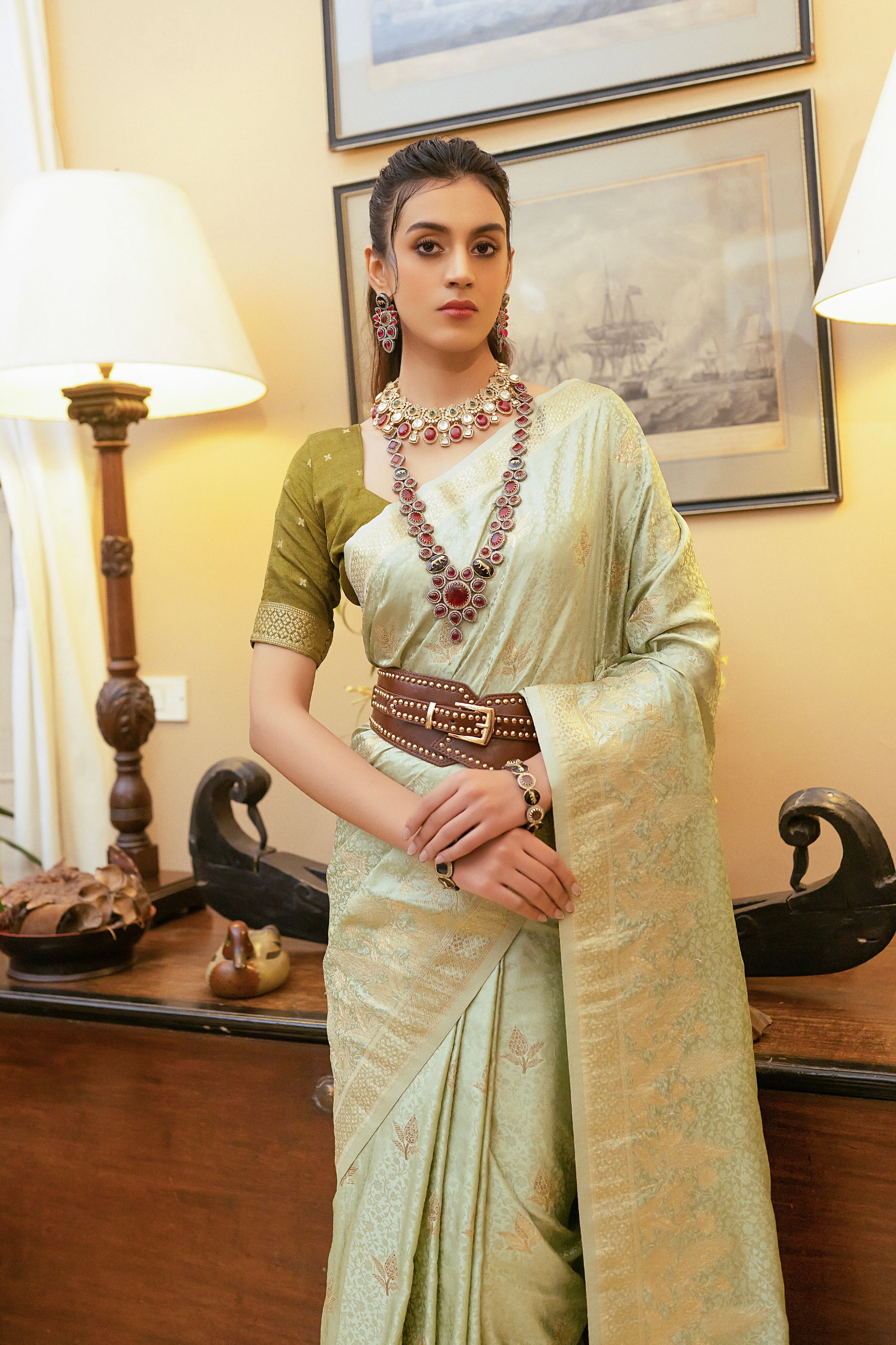 Sage Green Satin Silk Saree with Zari Weaving and Satin Silk Blouse