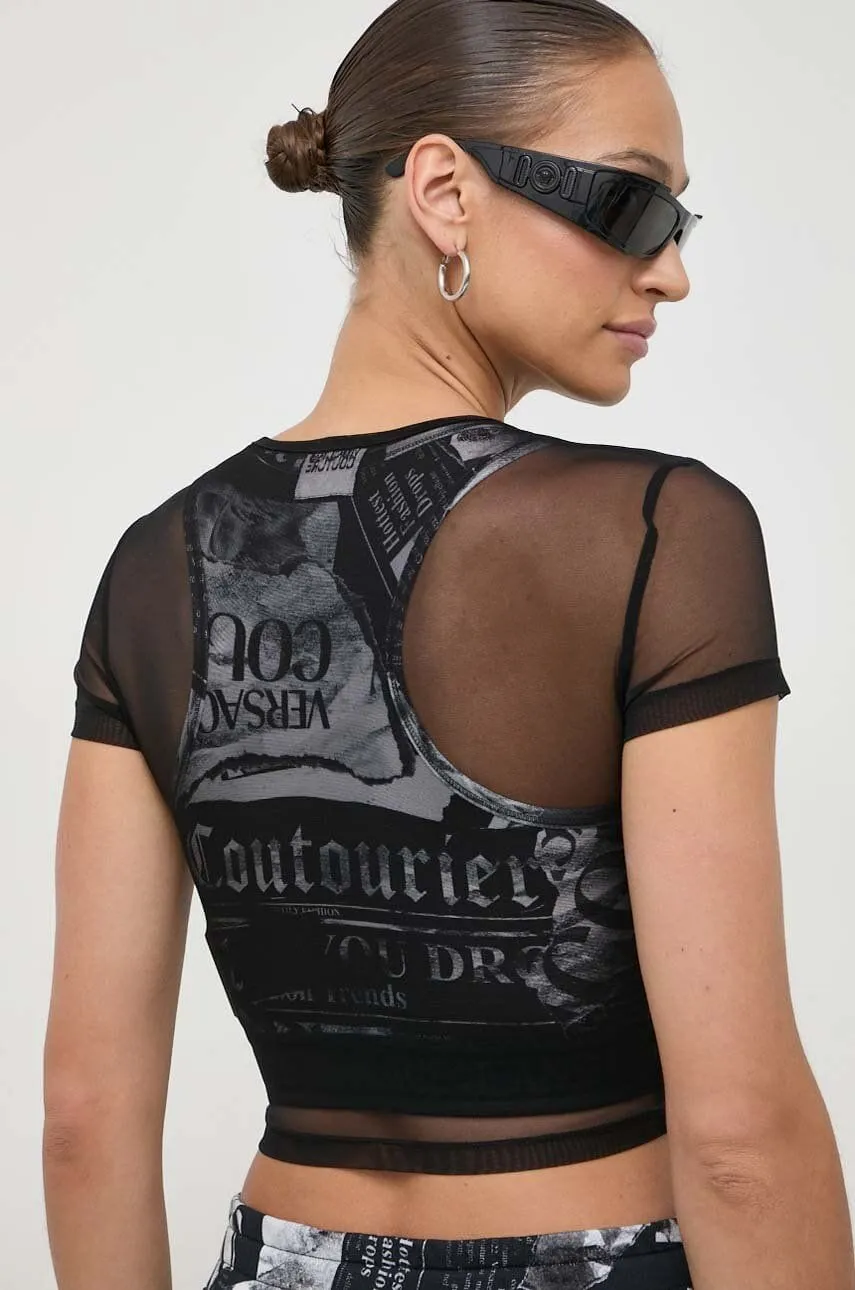 Versace Jeans Couture Black Mesh Crop Top – Sheer Street Glam with Logo Edge-
