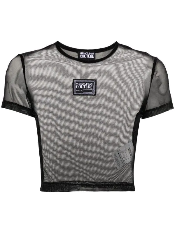 Versace Jeans Couture Black Mesh Crop Top – Sheer Street Glam with Logo Edge-