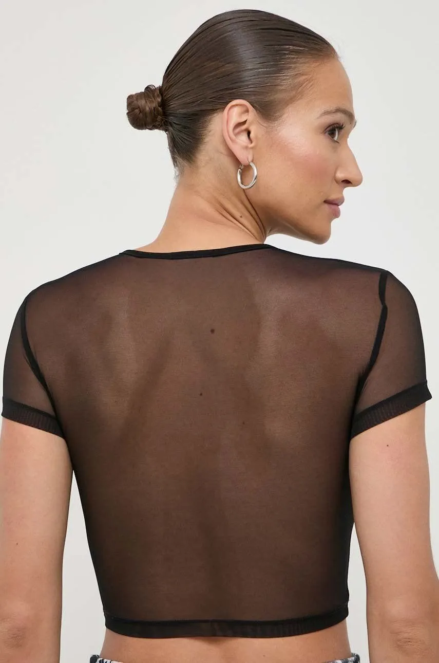 Versace Jeans Couture Black Mesh Crop Top – Sheer Street Glam with Logo Edge-